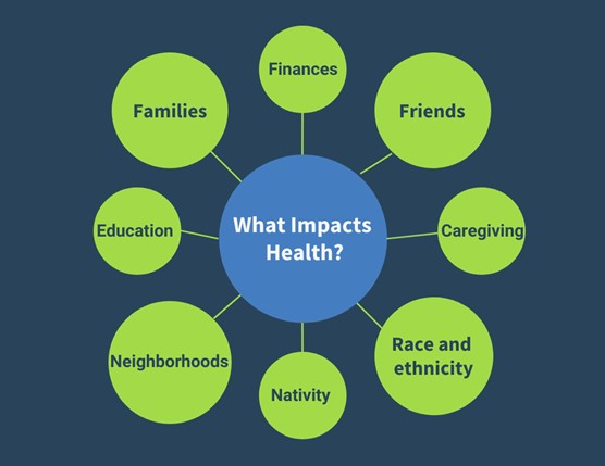 A bubble with other bubbles branching off. The center circle says, "What impacts health?". Going clockwise starting from the top bubble, each bubble says "Finances, Friends, Caregiving, Race and ethnicity, Nativity, Neighborhoods, Education, and Families."