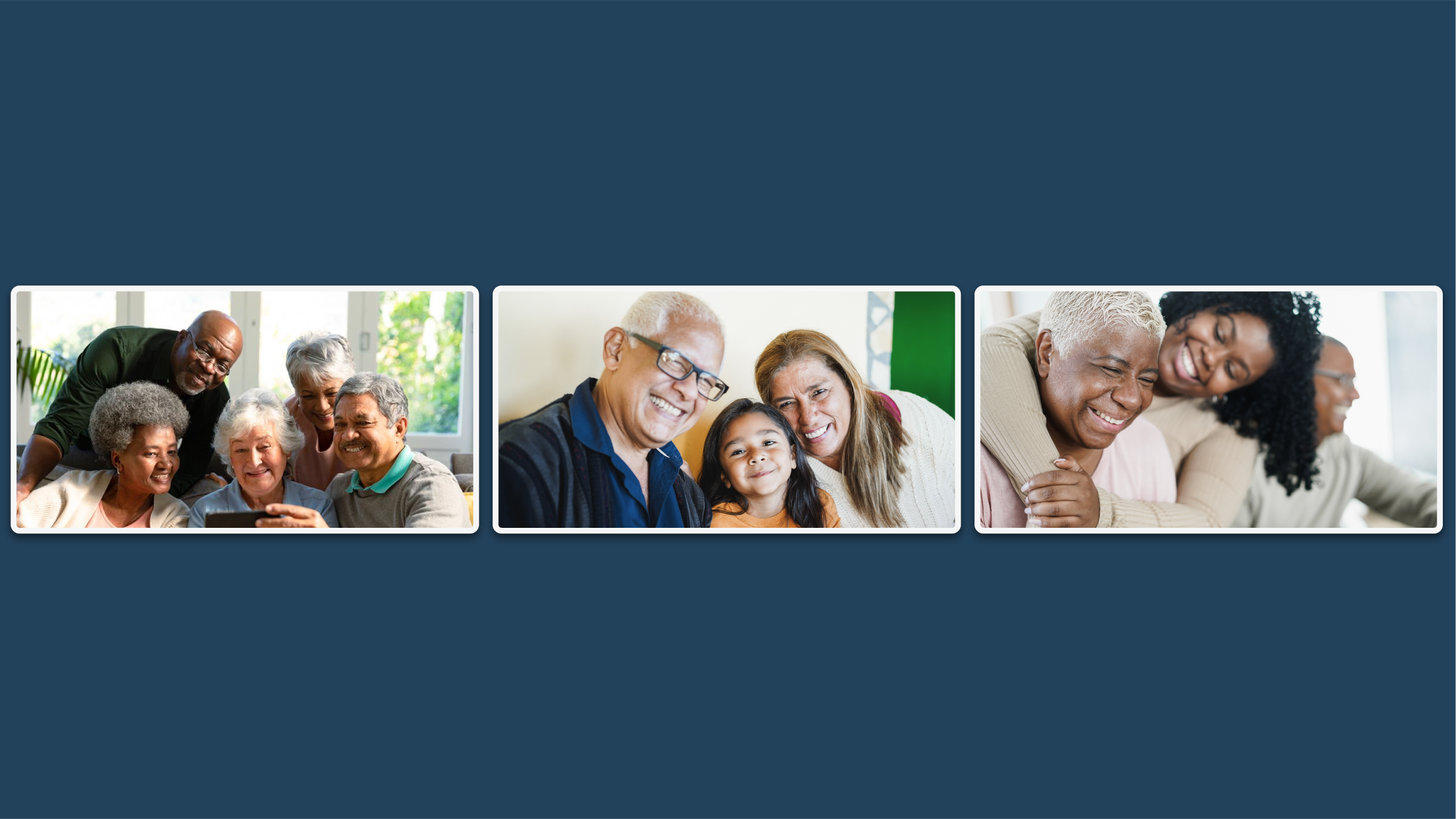 Left Image: Five happy diverse senior friends sitting on sofa and looking at smartphone. Center Image: Happy latin child having fun eating with her grandparents at home. Right Image: African American daughter hugging her mum during lunch meal at home